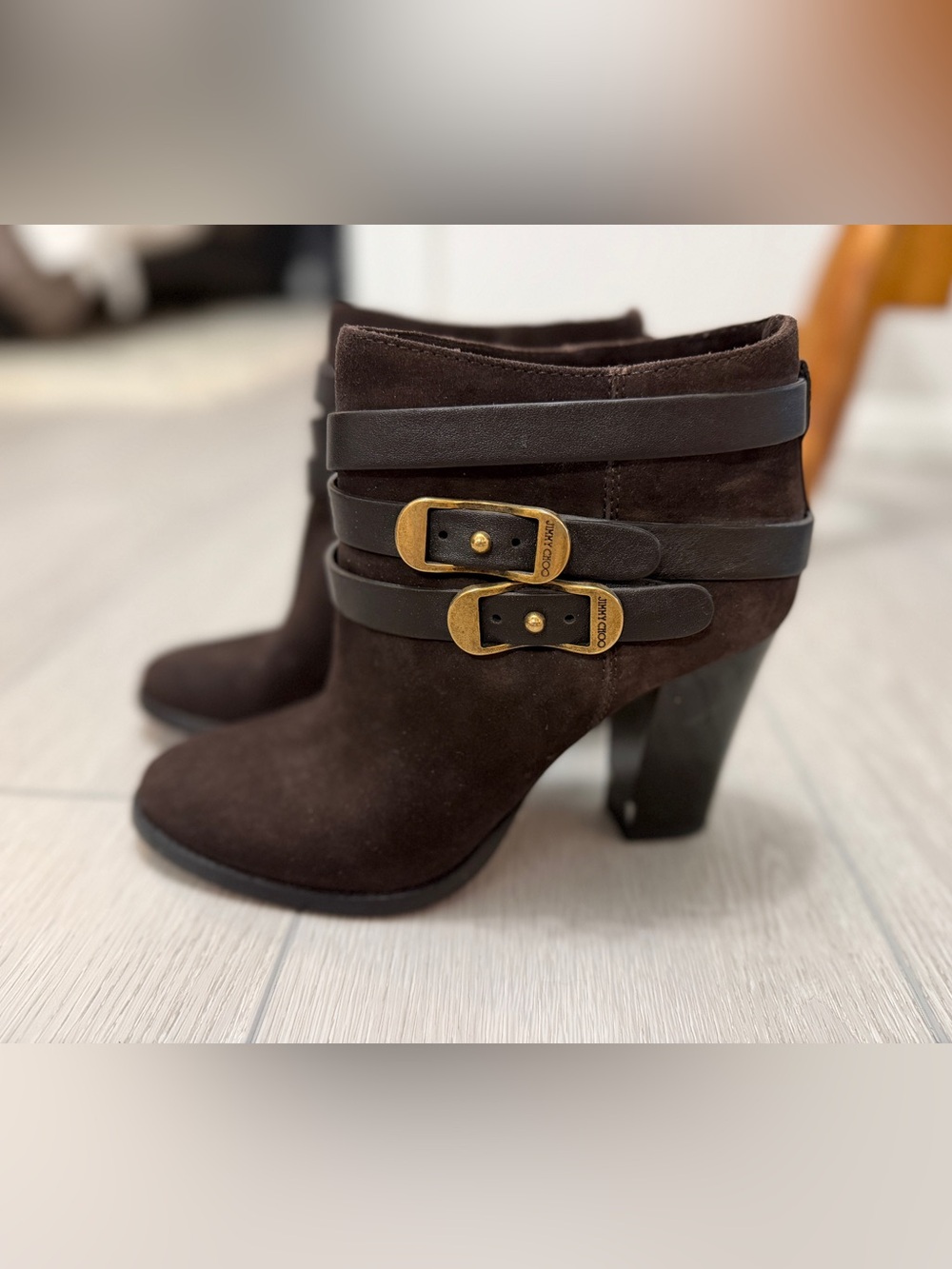 Jimmy Choo Melba Dark Brown Suede Ankle Boots with Buckle Straps Size 37
